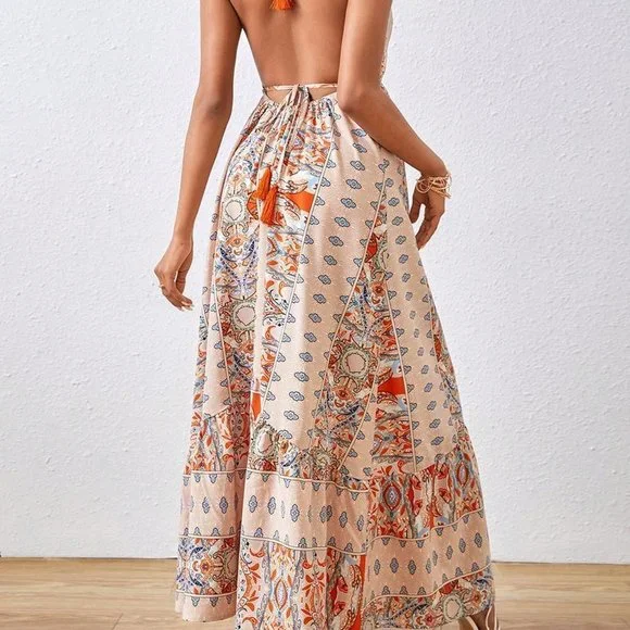 Tan Boho Womens Women's Printed Backless Vacation Dress - Picture 2 of 6
